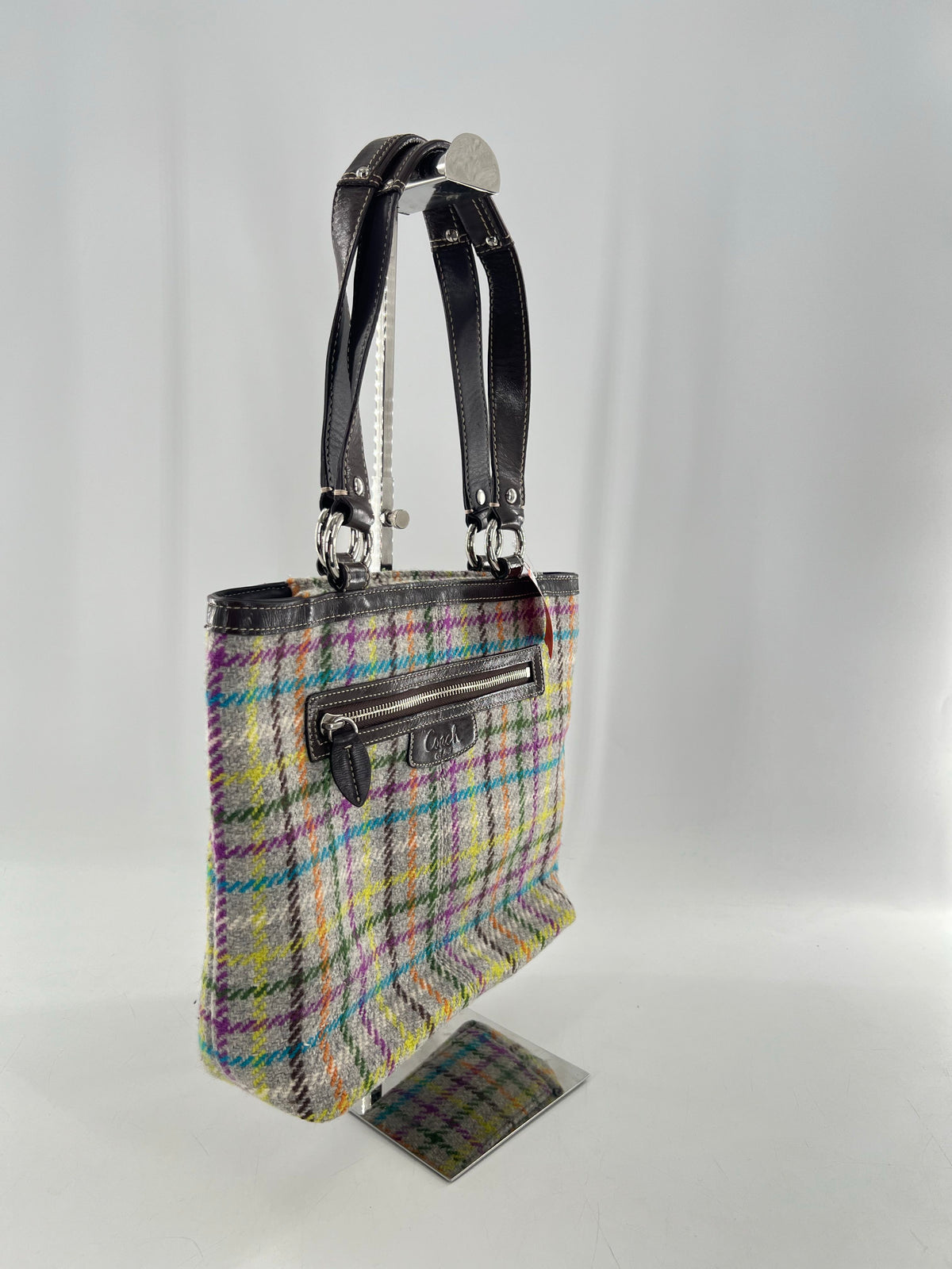 Vintage tattersall plaid wool tweed shoulder bag