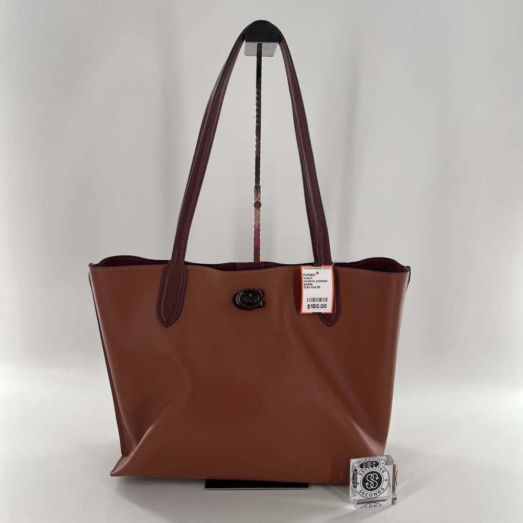 turnlock polished pebbled leather tote