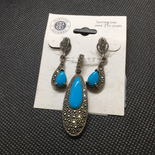 .925 Blue Drop Earring and Pendant