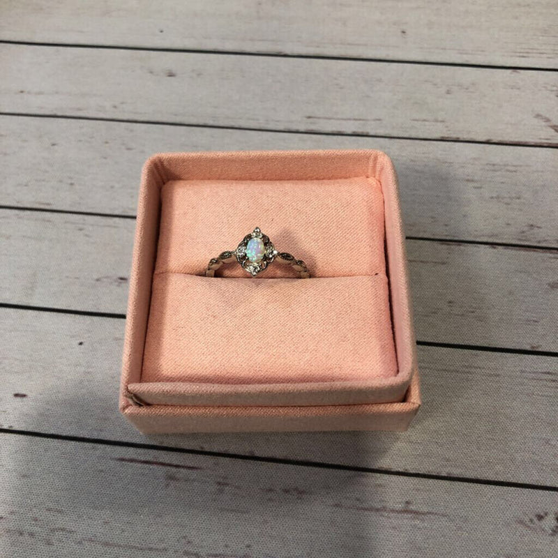 Sz 11 Blush & Bar Silver Blue Opal Carved Ring