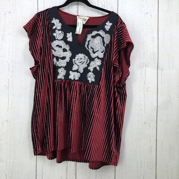 3x stripe flower embroidered top