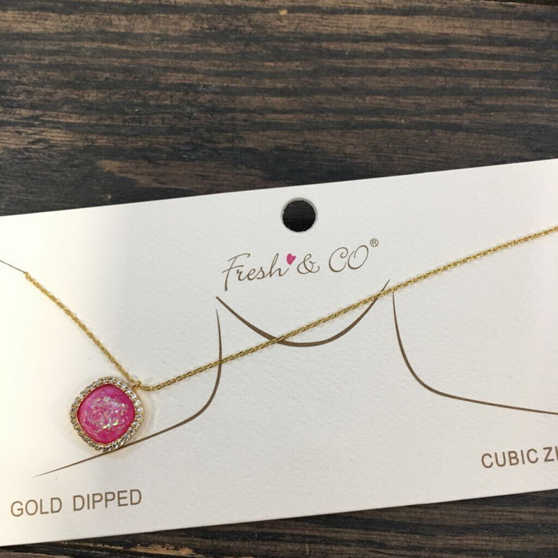 Goldtone Pink Druzy Cubic Zirconia Necklace